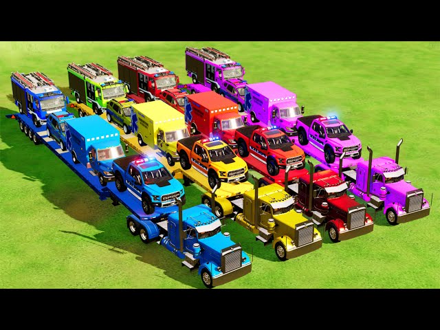 TRANSPORTING CARS, AMBULANCES, POLICE CARS, FIRE TRUCK, MONSTER TRUCK OF COLORS! WITH TRUCKS! - FS22