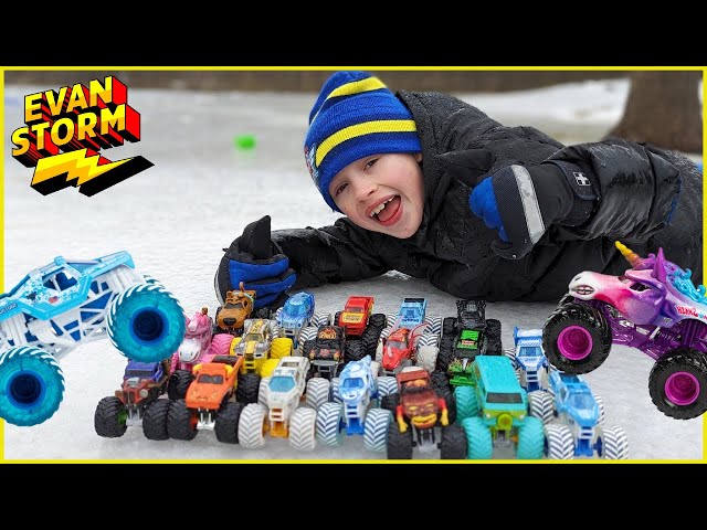 Slip N Slide MONSTER TRUCK Backyard Ice Racing with 20 Favorite MONSTER JAM TRUCKS