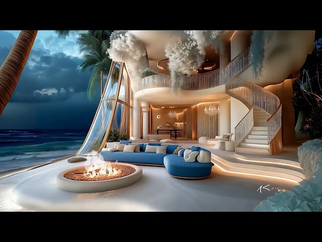 Peaceful Oceanview Porch 🌜 Oceanfront Villa with Relaxing Waves & Fireplace ASMR For Deep Sleep