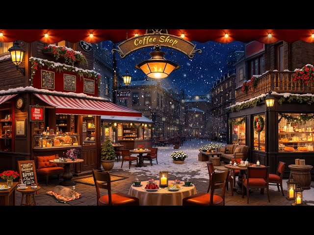 Cozy Winter Porch Ambience☕⛄Snowy Night with Smooth Jazz Music & Wind Sounds for Relax,Stress Relief