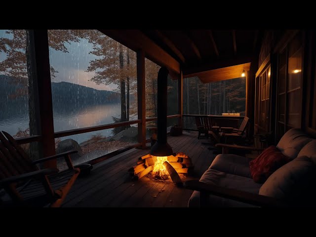 Calm Rain & Fireplace on a Forest Cabin Porch | Peaceful Nature Escape for Relaxation