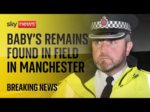 Police hold a news conference after a baby's remains are found in a field in Manchester