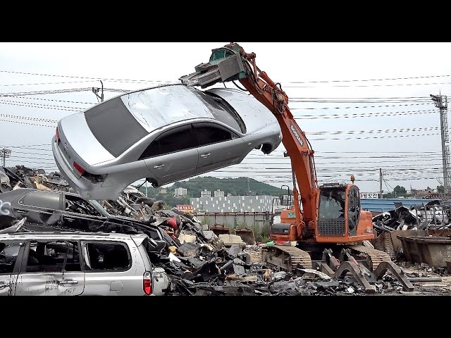 Incredible Large Scale Scrap Car Process. Korean Used Car Junkyard