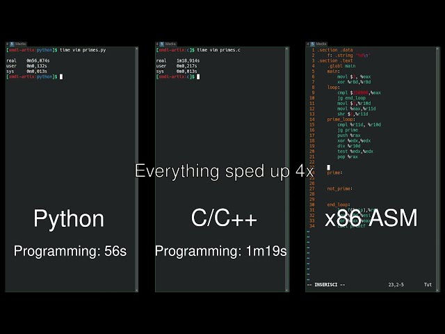 Python vs C/C++ vs Assembly side-by-side comparison