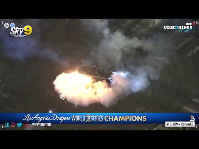 Car doing donuts after Dodgers’ World Series win caught on fire. 🔥