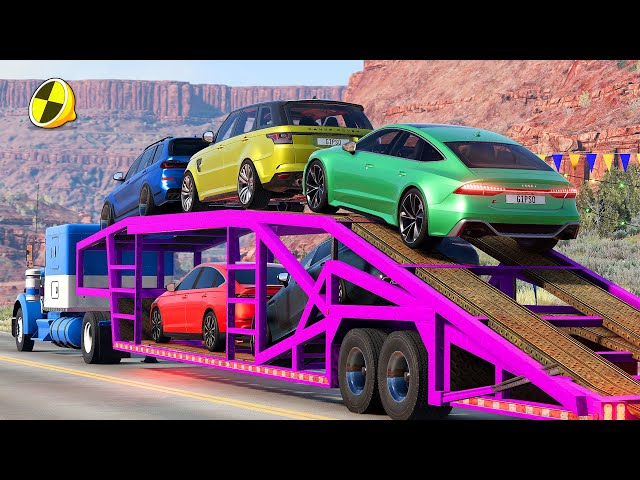 TRANSPORTING MINI HONDA & LONG BUS & AUDI TRUCK with FLATBED TRAILER & CRAZY LOADERS! - BeamNG.drive