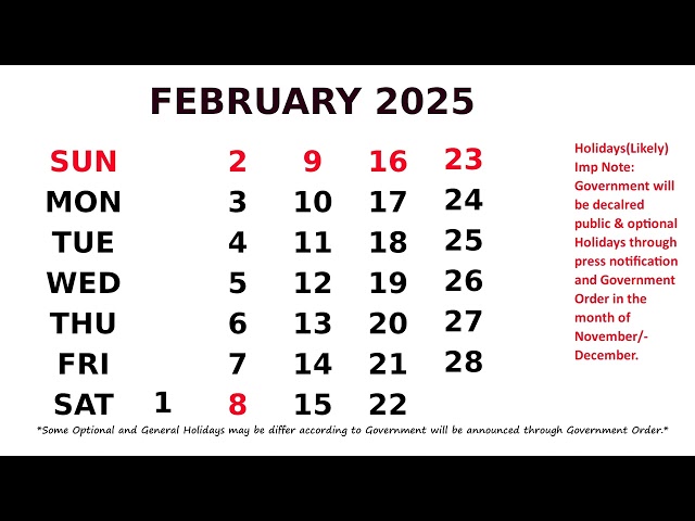 Calendar February 2025