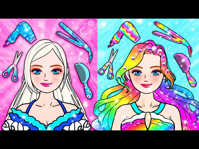 Paper Dolls Dress Up - Rainbow Rapunzel & Blue Elsa Need To New Hair -Barbie Transformation Handmade