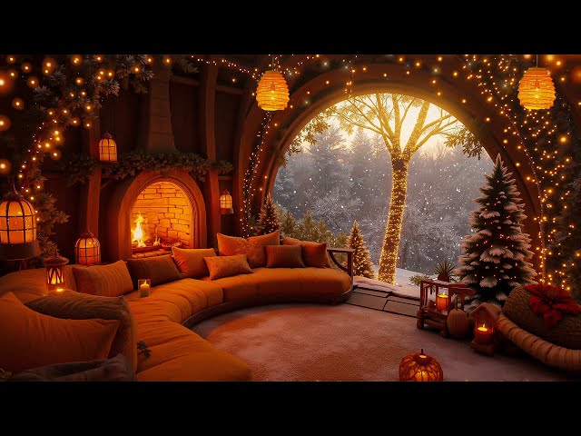 Cozy Winter Porch Vibes ❄ Smooth Piano Jazz with Crackling Fireplace & Snowfall for Relaxation 🔥