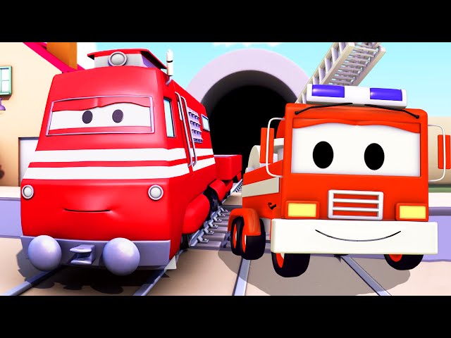 Troy der Zug und  Feuerwehrauto in Car City, Auto & Lastwagen Cartoons für Kinder 🚆🚒