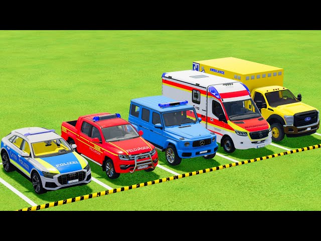 TRANSPORTING AUDI, VOLKSWAGEN, MERCEDES POLICE CARS & FORD AMBULANCE TRUCK WITH SCANIA TRUCKS ! FS22