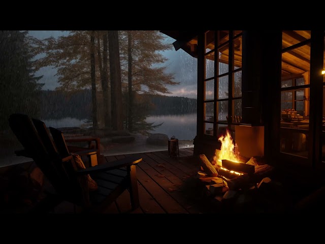 Cabin Porch on Rainy Day & Fireplace by the Lake | Ultimate Relaxation Sounds for Sleep