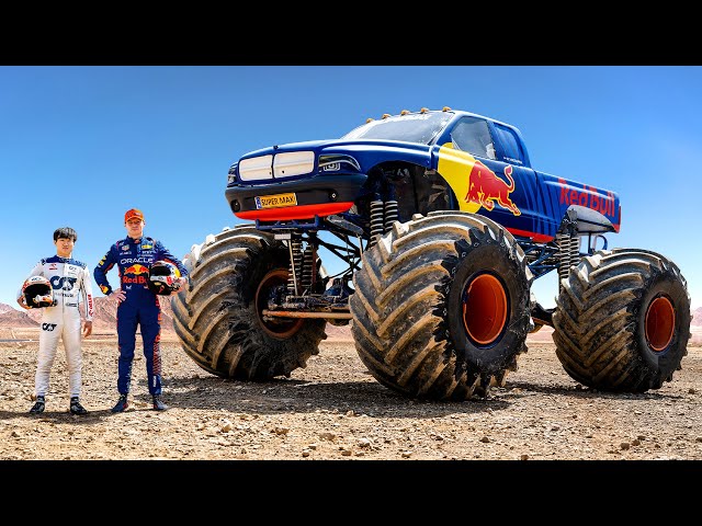 F1 Drivers Race HUGE Mega Trucks! (Max Verstappen vs Yuki Tsunoda)