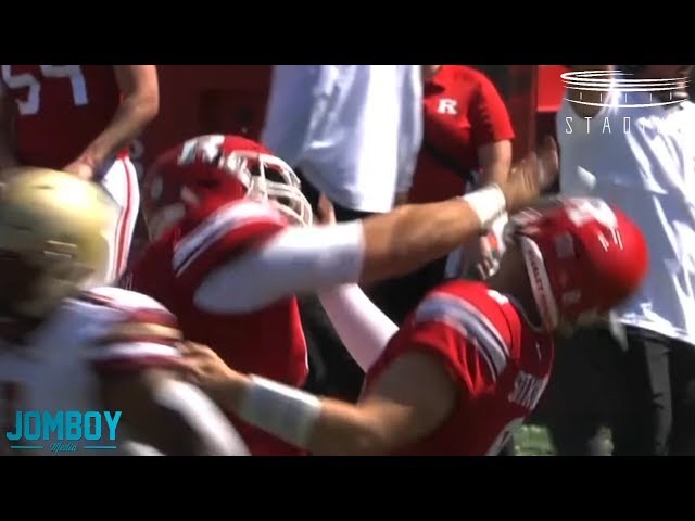 Rutgers Center celebrates the touchdown by popping his QB in the face, a breakdown