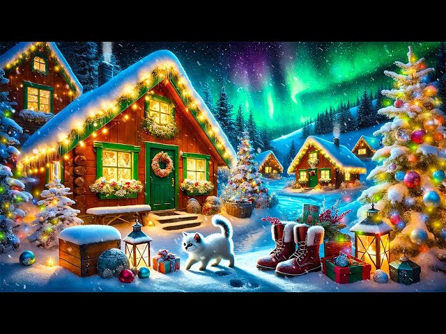 Christmas Village Ambience Under Sparkling Northern Lights With Cozy Christmas Background Music