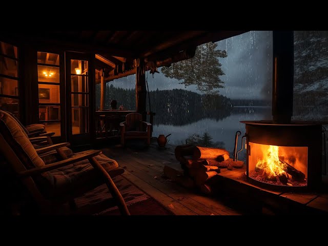 Peaceful Rainfall on a Lakeside Porch with Fireplace Sounds