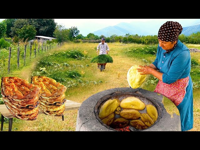 AZERBAIJAN BREAD - Sweet Grandma Baked Tandoori Bread and Crispy Chicken in the Village