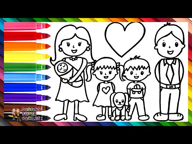 Dessiner et Colorier Une Famille de 5 👩👨👧👦👶🌈 Dessins pour Enfants