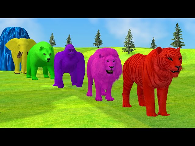 Long Slide Game With Elephant Gorilla Buffalo Hippopotamus Tiger - 3d Animal Game - Funny 3d Animals