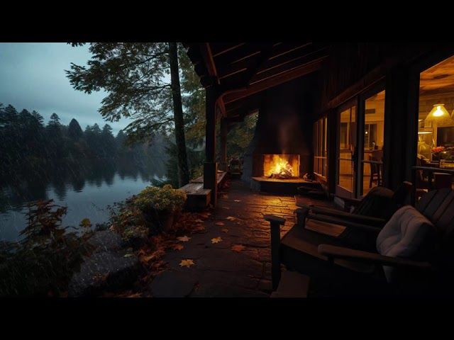 Cozy Rain by Porch on Lakeside with Gentle Rainy sounds falling and Relaxing Fireplace to Relaxation