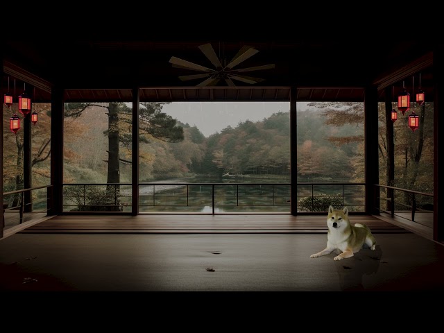 Cozy Japanese chalet rain environment by the lake with a Shiba for sleep, study, rest and relax.