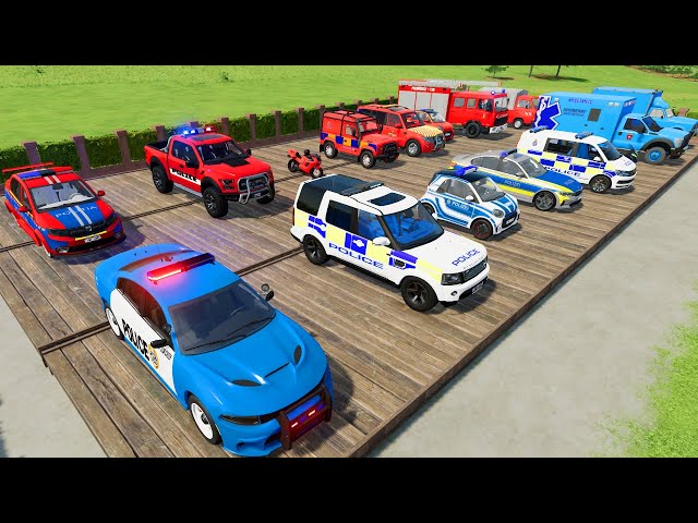 TRANSPORTING CARS, AMBULANCE, FIRE TRUCK, POLICE CARS OF COLORS! WITHTRUCKS! - FARMING SIMULATOR 22