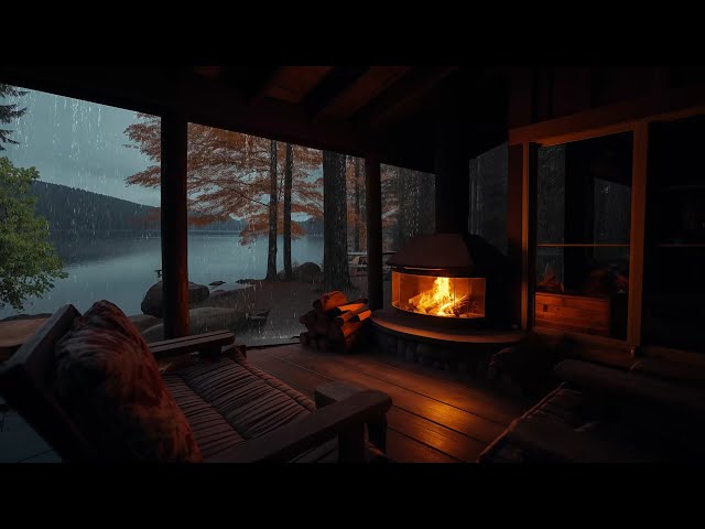 Cozy Rainy Porch by the Lake | Warm Fireplace & Peaceful Rain Sounds to Fall Asleep