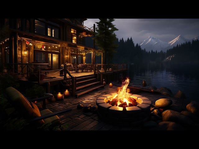 Cozy Night Ambience by Lakeside with Lakeshore Water Sounds and Crackling Campfire