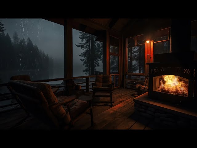 Rain on porch with cozy fireplace in log cabin | Sit and listen to the sound of rain falling