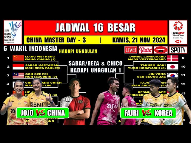 Jadwal 16 Besar China Master 2024 Hari Ini ~ JOJO vs CHINA ~ FAJRI vs KOREA ~6 Wakil Hadapi Unggulan