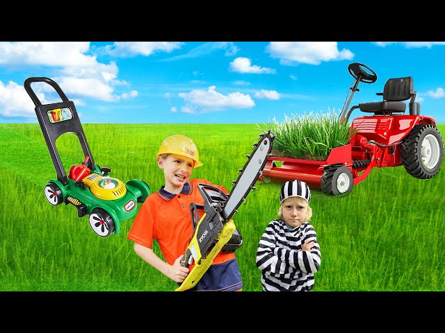 Lawn mowers for Kids Video Police Detectives and BLiPPi toys, garbage trucks, fire engines | #blippi