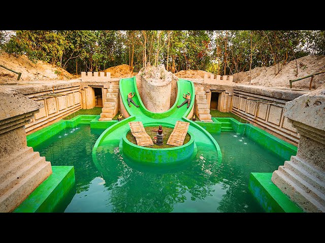 100 Days Survive in Rainforest Building Underground Water Slide Park and Swimming Pool House