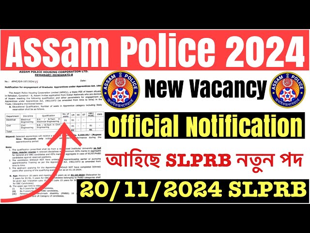 🔥Good News😍Assam Police New Vacancy 2024// Notification Out SLPRB 20/11/2024 Latest Update😍