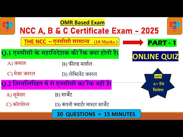 NCC B Certificate MCQ Paper 2025 | NCC C Certificate MCQ Paper 2025 | NCC A Certificate MCQ paper