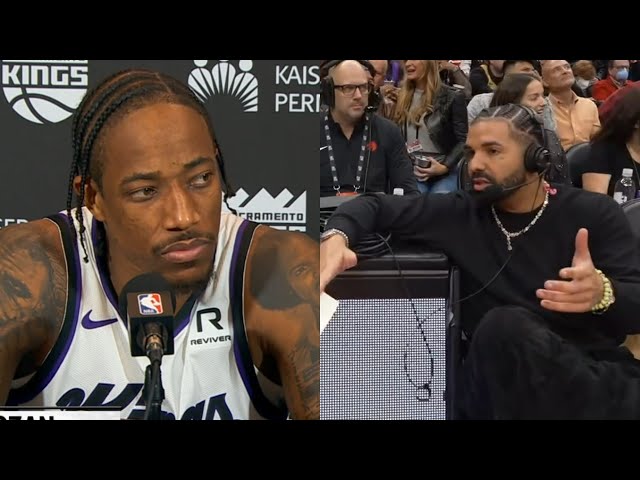 DeMar DeRozan reacts to Drake saying he'll pull down his jersey if Raptors retire it