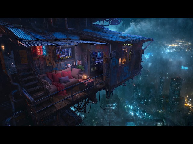 🎵 Shanty Nest above the City: Rain and Ambient Music | Cyberpunk Shack in a Skyrise | 4K | 10 hours