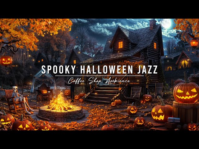 Spooky Night at Haunted House Halloween Ambience 🎃🦇 Relaxing Jazz Music & Warm Crackling Fireplace