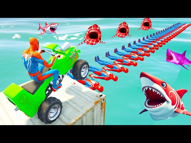 GTA 5 Crazy Ragdolls | Spiderman by Quad Bike On Rainbow Spiders Bridge (Spider Shark Jumps)