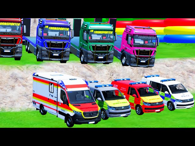 TRANSPORTING AMBULANCE, FORD POLICE, SERVICE TRUCK, FIRE DEPARTEMENT, CHEVROLET MINI BUS - FS22