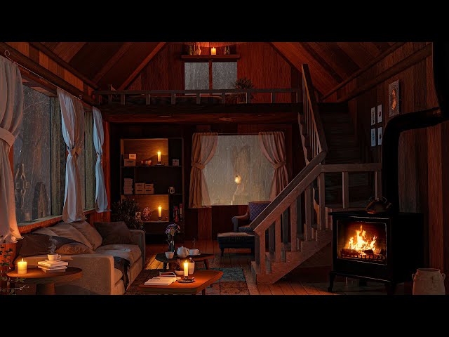 Sleep In This Cozy Room Ambience with Rain On Window Sounds and Fireplace