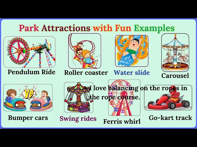 Lesson 164: Learn English with 32 Fun Park Attractions + Examples! |  Rides and Activities Described