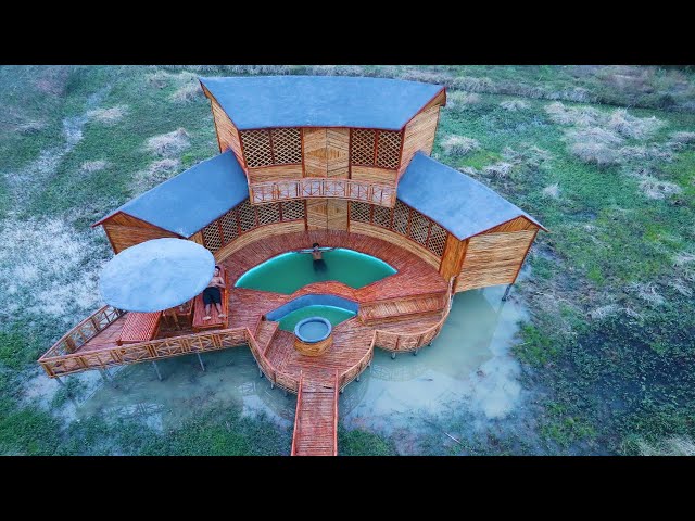 building a bamboo house with pool and fish pond