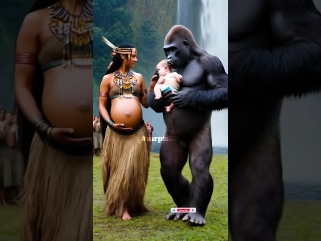 Female gorilla and pregnant woman walking under beautiful waterfall #nature #funny #love #life