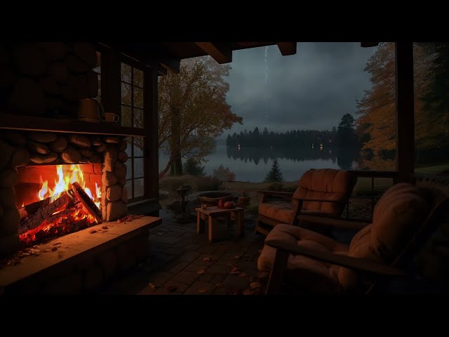 Feeling cozy by the lake as the rain falls on the patio with the cozy crackling fireplace