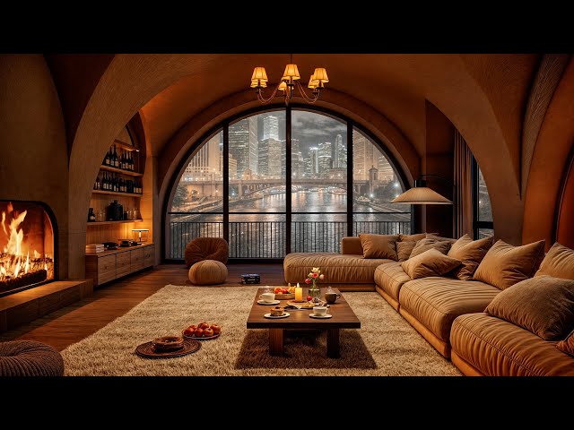 Luxury Chicago Apartment with Tender Jazz Saxophone Music 🌃 Rain & Fireplace Sounds for Relax, Sleep