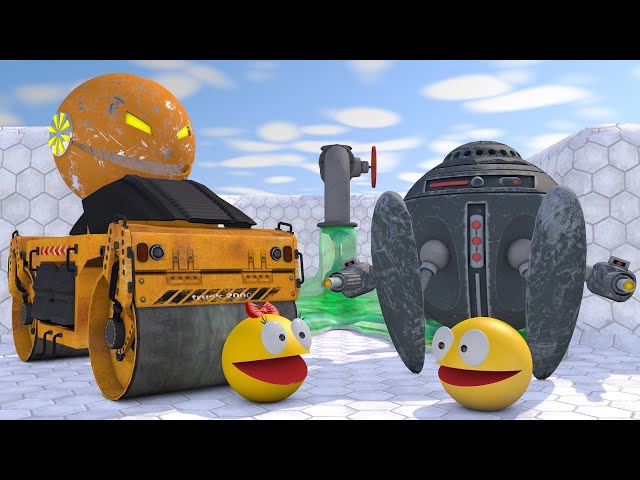 Pacman vs Road Roller Robot & Sphere Bot in Acid Maze