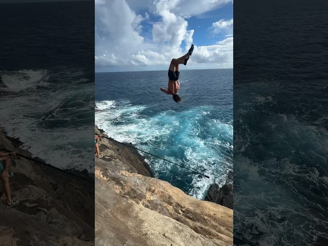 Insane trampoline cliff jump into the ocean