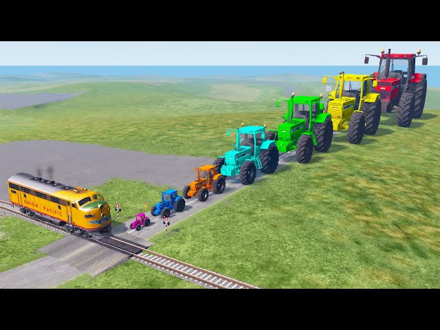 Big & Small Tractor Cars vs Train - BeamNG.Drive