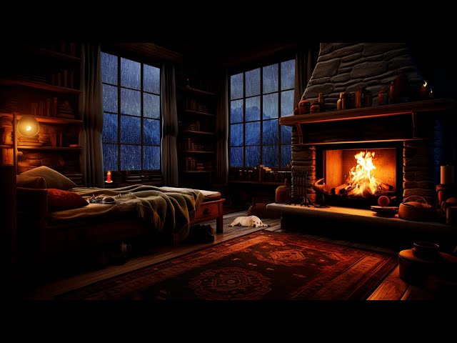 Cozy Cabin with Crackling Fireplace - Thunderstorm with Lightnings, Deep sleep with cats and dogs