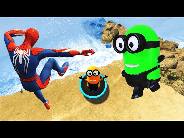 GTA 5 SPIDERMAN & Rainbow Minions Trampoline Jumping Off Highest Buildings